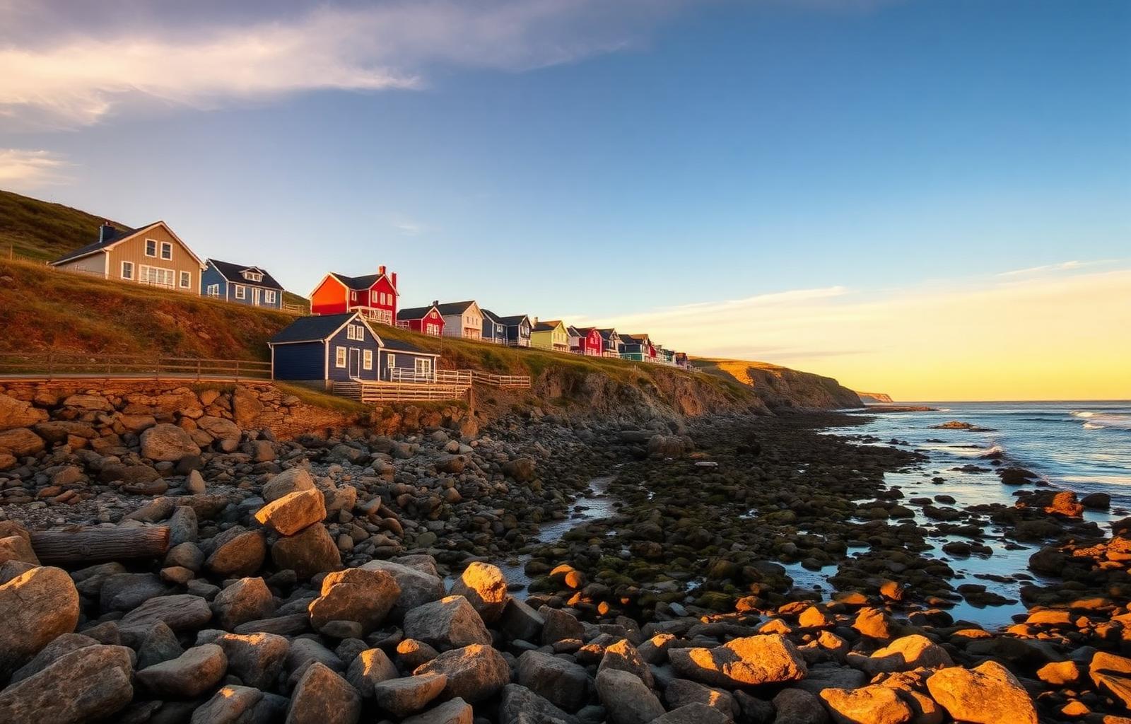 Sunlit Newfoundland coastline near Conception Bay
